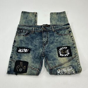 Switch Men's Jeans Acid Wash Blue Slim Taper Fit Patch Print Denim, Size 34x32